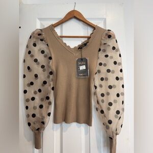 Chic Beige Blouse with Polka Dot Sleeves